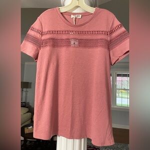 Indigo collection women’s crew neck tee- shirt with lace insert color Lavender .